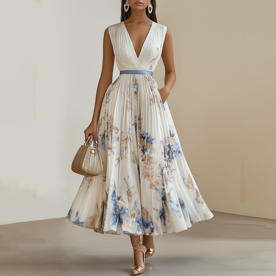 Floral V Neck Waist Dress for Women - VibreMode