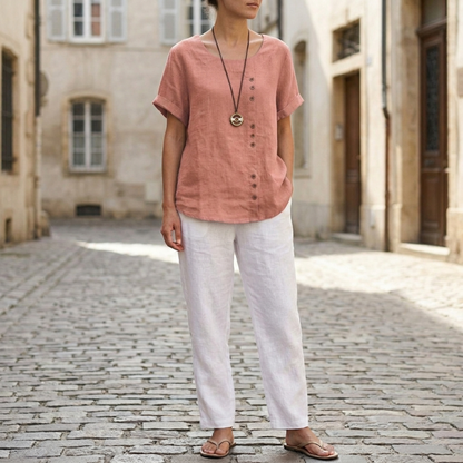 Blouse women short sleeve button front loose fit top