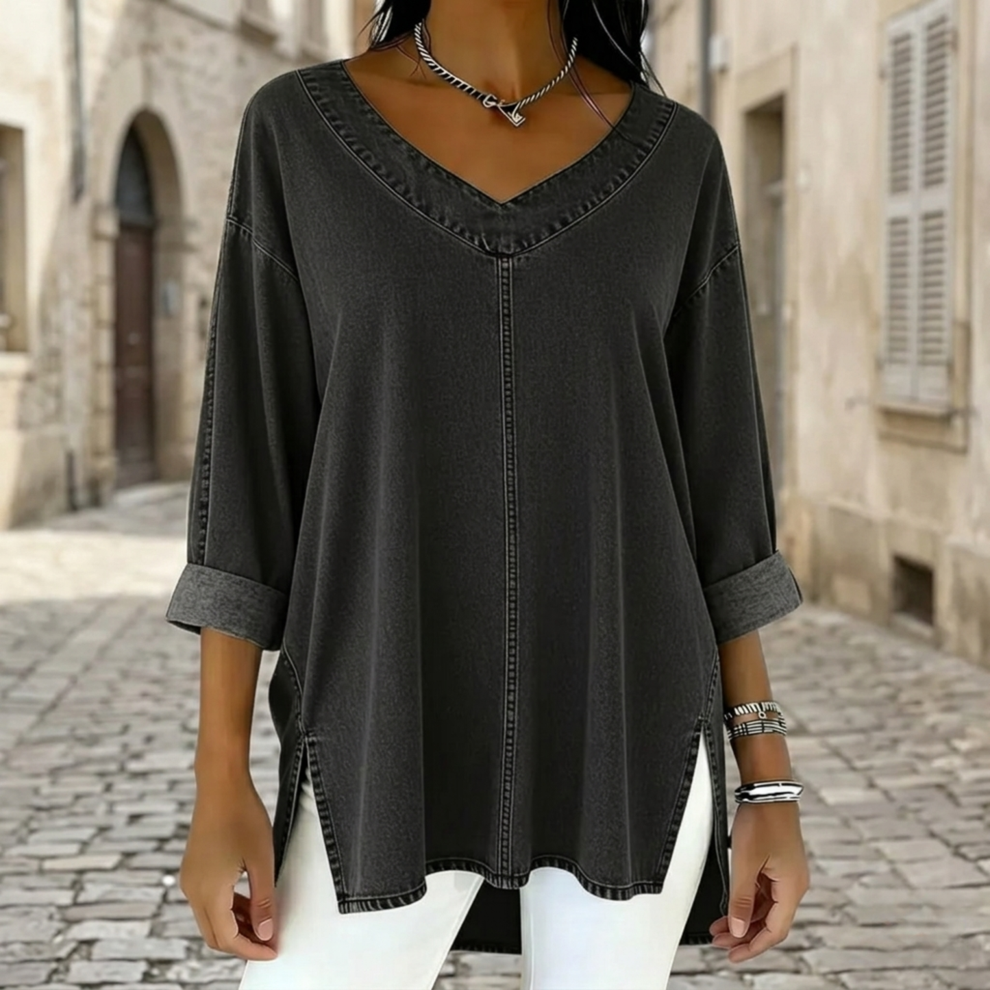 Women’s Oversized V Neck Tunic Top 3/4 Sleeve Casual Blouse