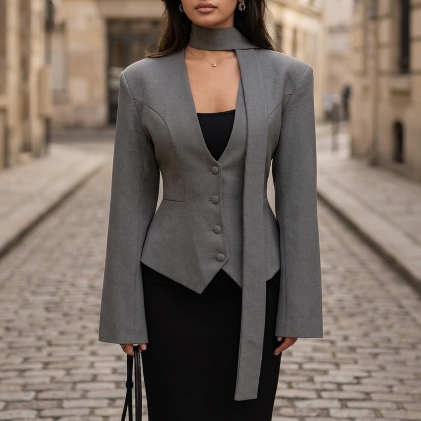Women’s Tailored Blazer with Choker Detail Elegant Button Jacket