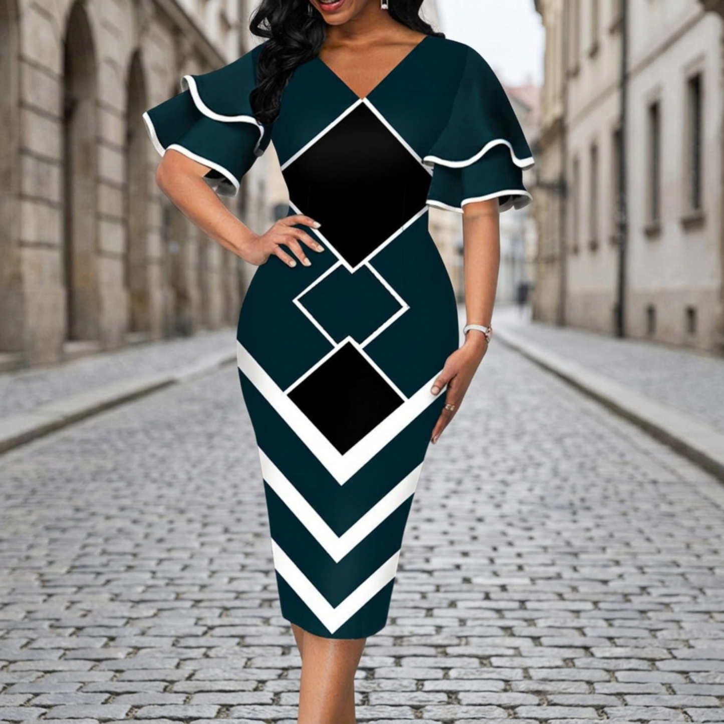 Midi Dress Women V Neck Ruffle Sleeve Geometric Print