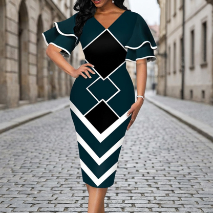 Midi Dress Women V Neck Ruffle Sleeve Geometric Print