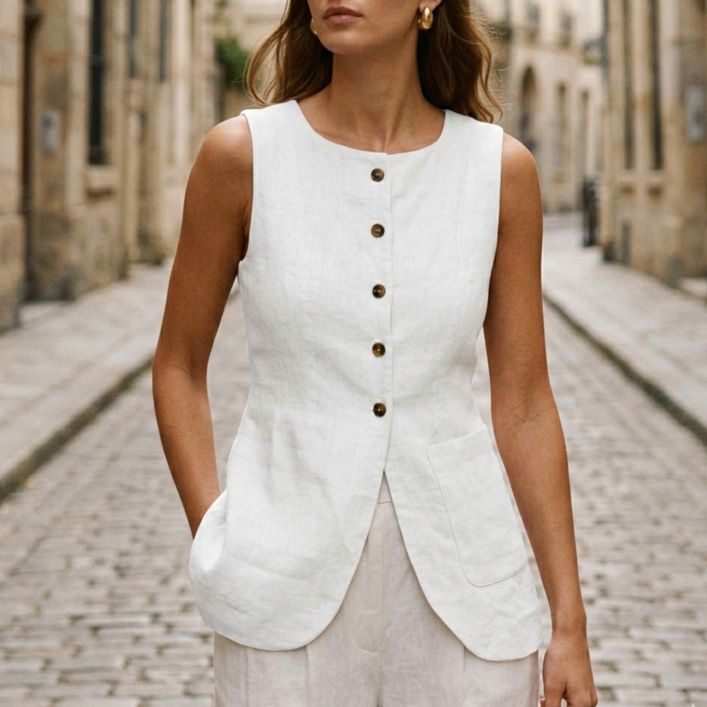 Sleeveless Linen Top Women Button Front Summer Blouse
