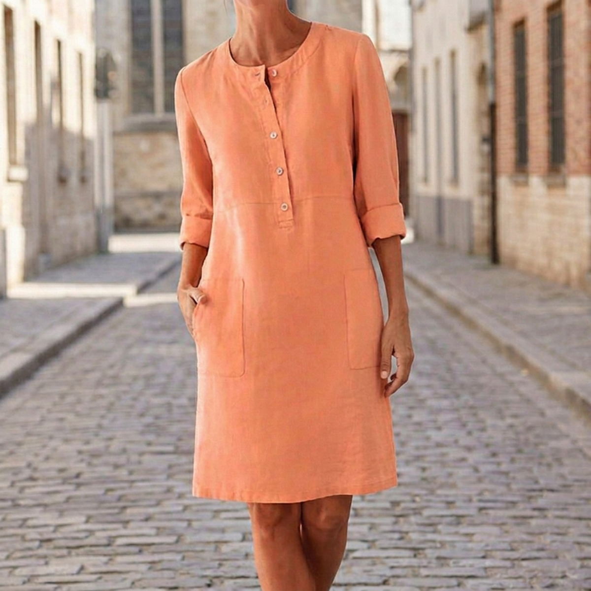 Shift Dress Button Front Knee Length 3 4 Sleeve Women