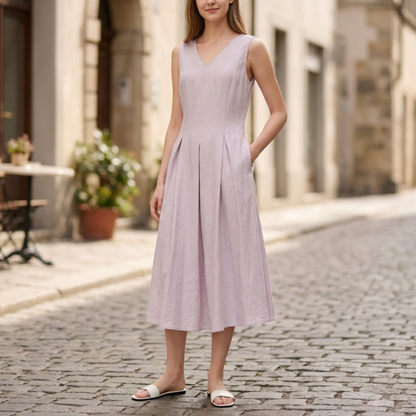 Midi dress sleeveless v neck pleated A line women
