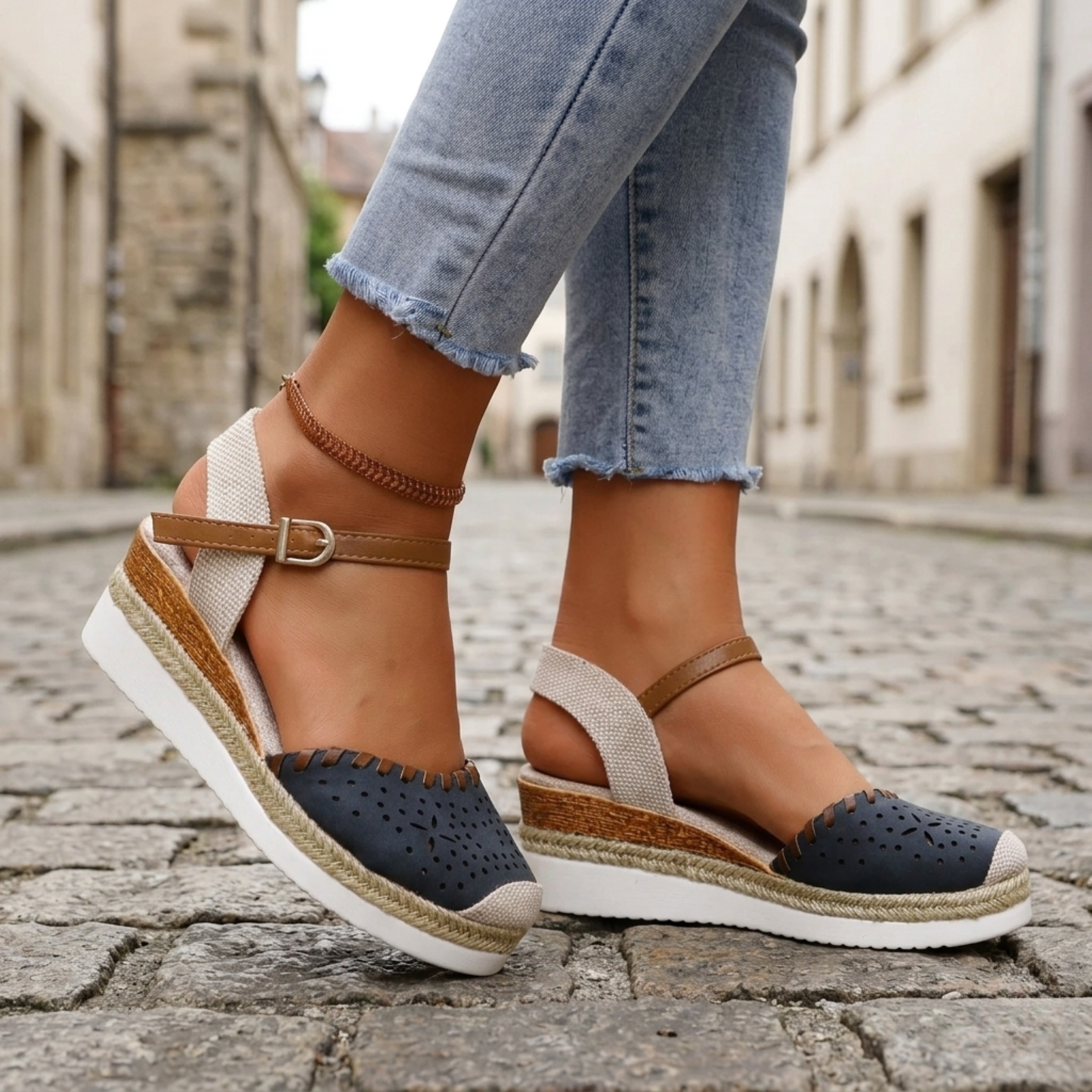 Women’s Espadrille Wedge Sandals Perforated Ankle Strap