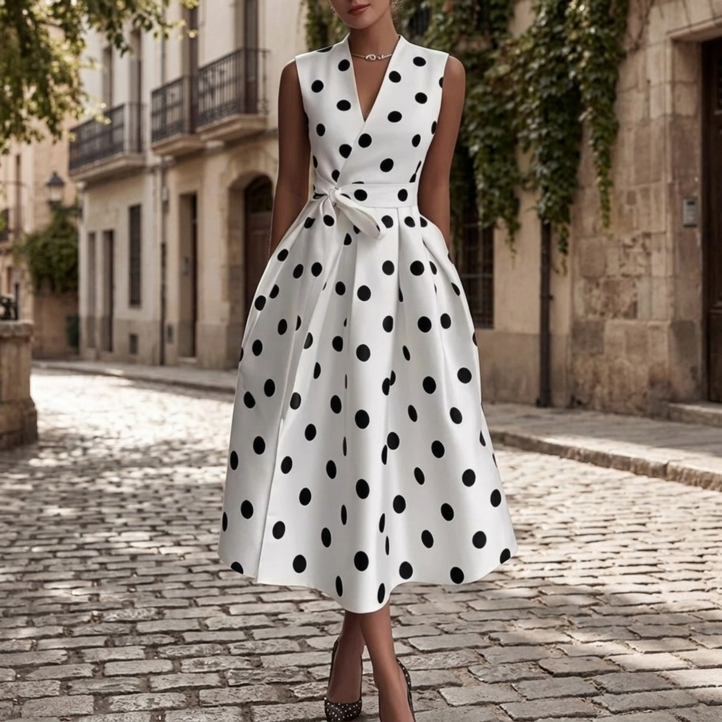 Women’s Polka Dot Wrap Sleeveless A-Line Midi Dress