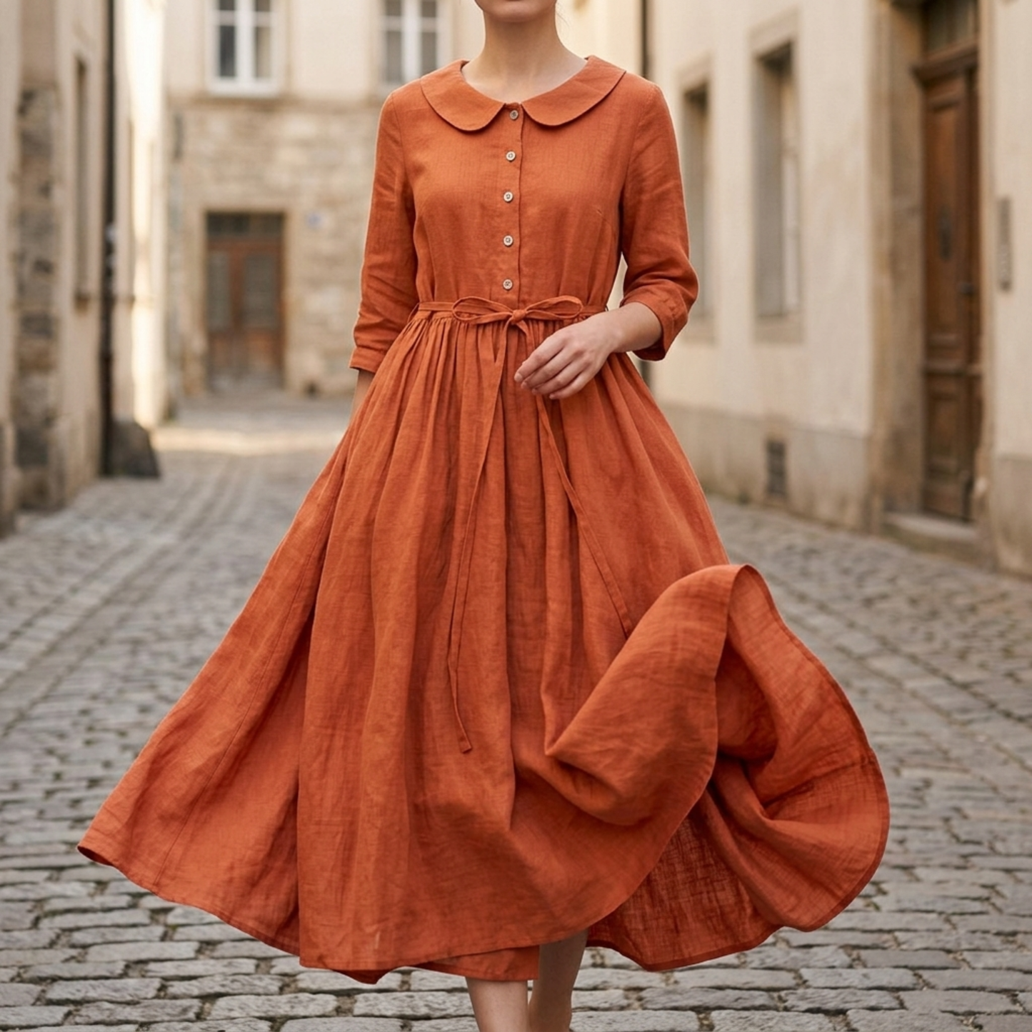 Midi Dress Button Front Tie Waist Short Sleeve Women