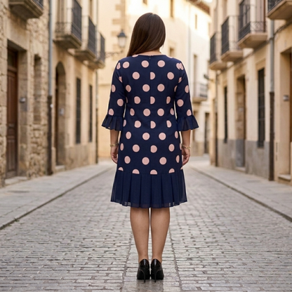 Women’s Polka Dot Midi Dress 3/4 Sleeve Ruffle Hem Party Dress