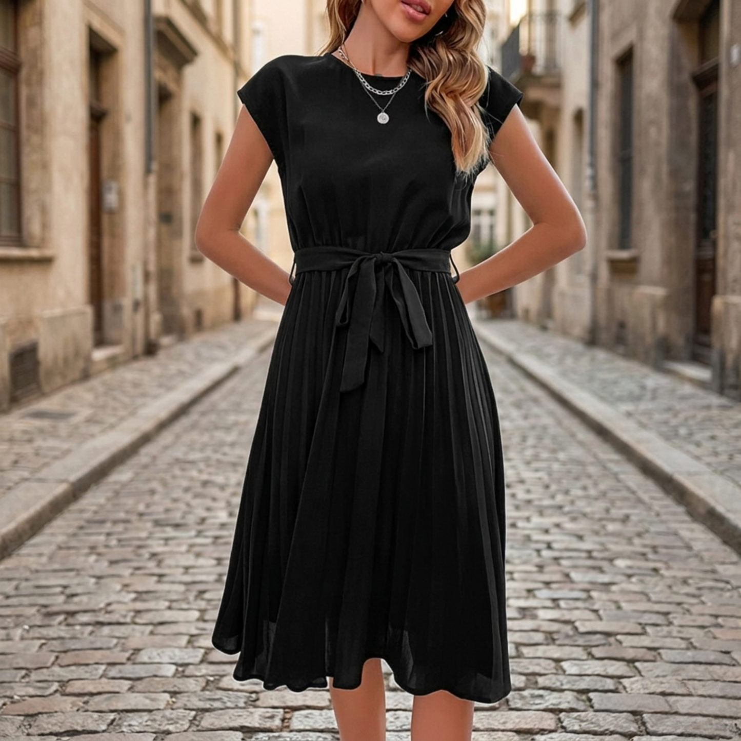 Women’s Pleated Midi Dress with Waist Tie Cap Sleeve A-Line