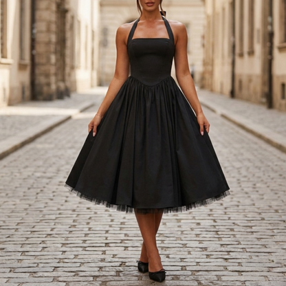 Women’s Halter Midi Dress Vintage-Inspired Fit & Flare Party Dress