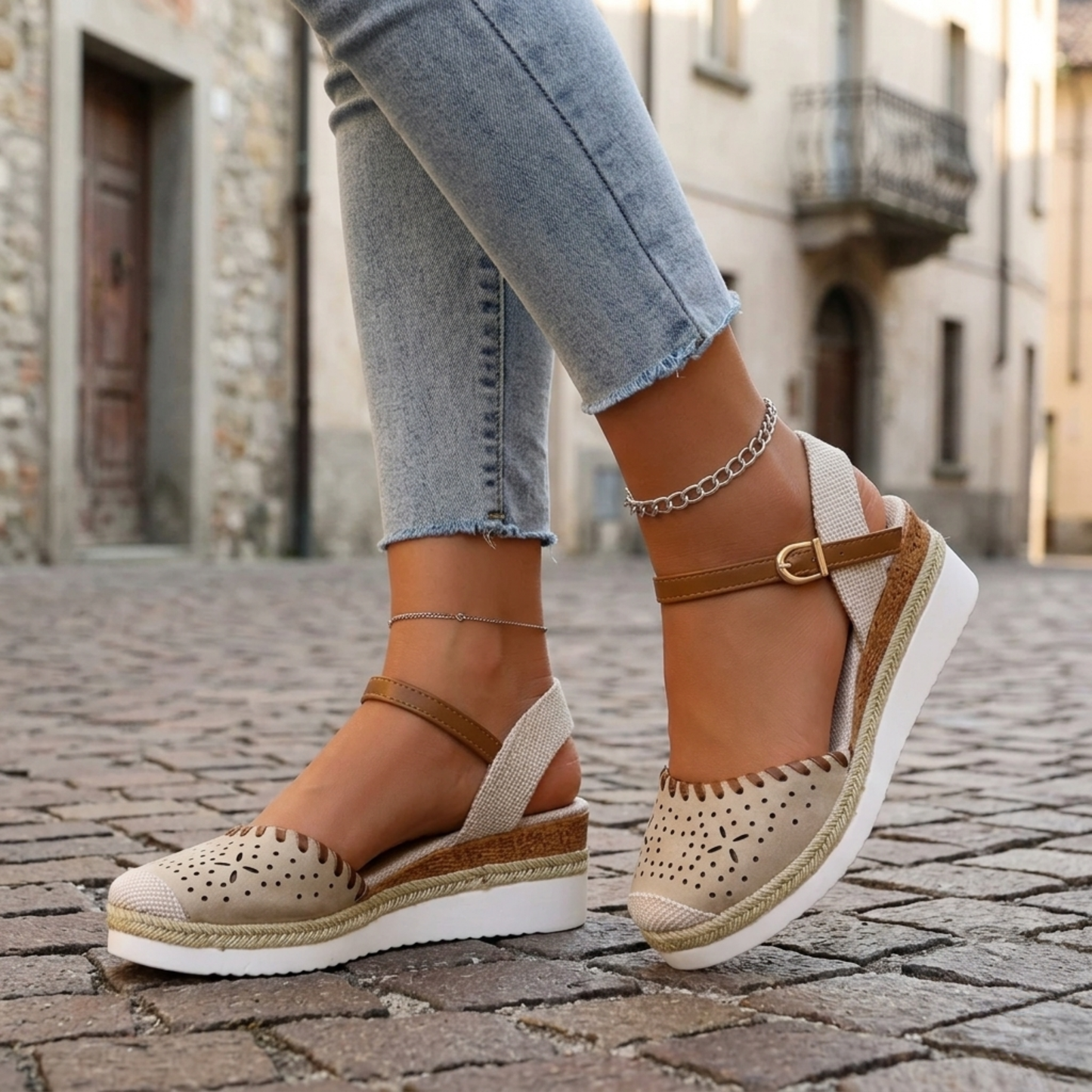 Women’s Espadrille Wedge Sandals Perforated Ankle Strap