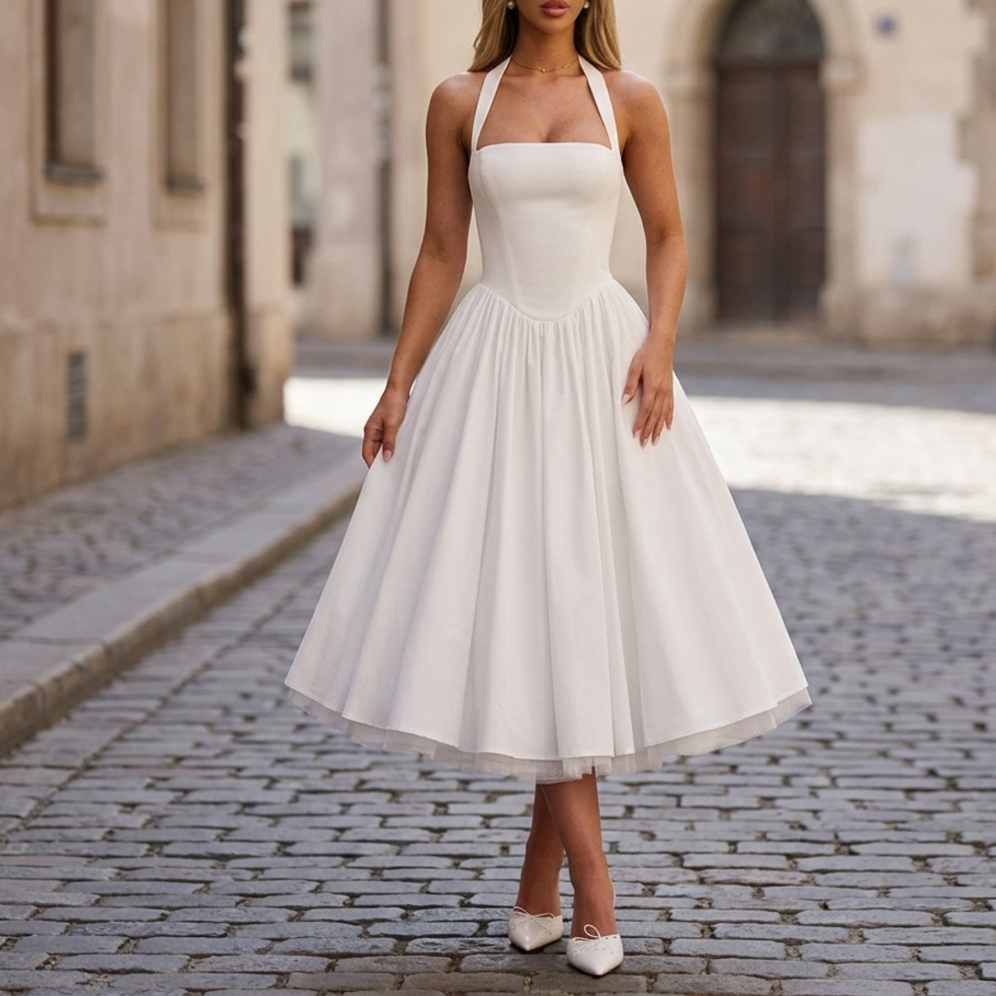 Women’s Halter Midi Dress Vintage-Inspired Fit & Flare Party Dress