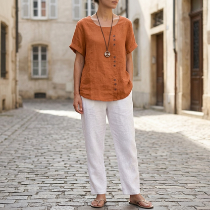 Blouse women short sleeve button front loose fit top