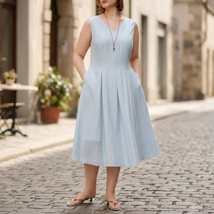 Midi dress sleeveless v neck pleated A line women