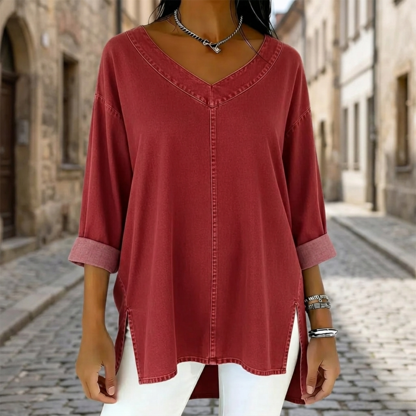 Women’s Oversized V Neck Tunic Top 3/4 Sleeve Casual Blouse