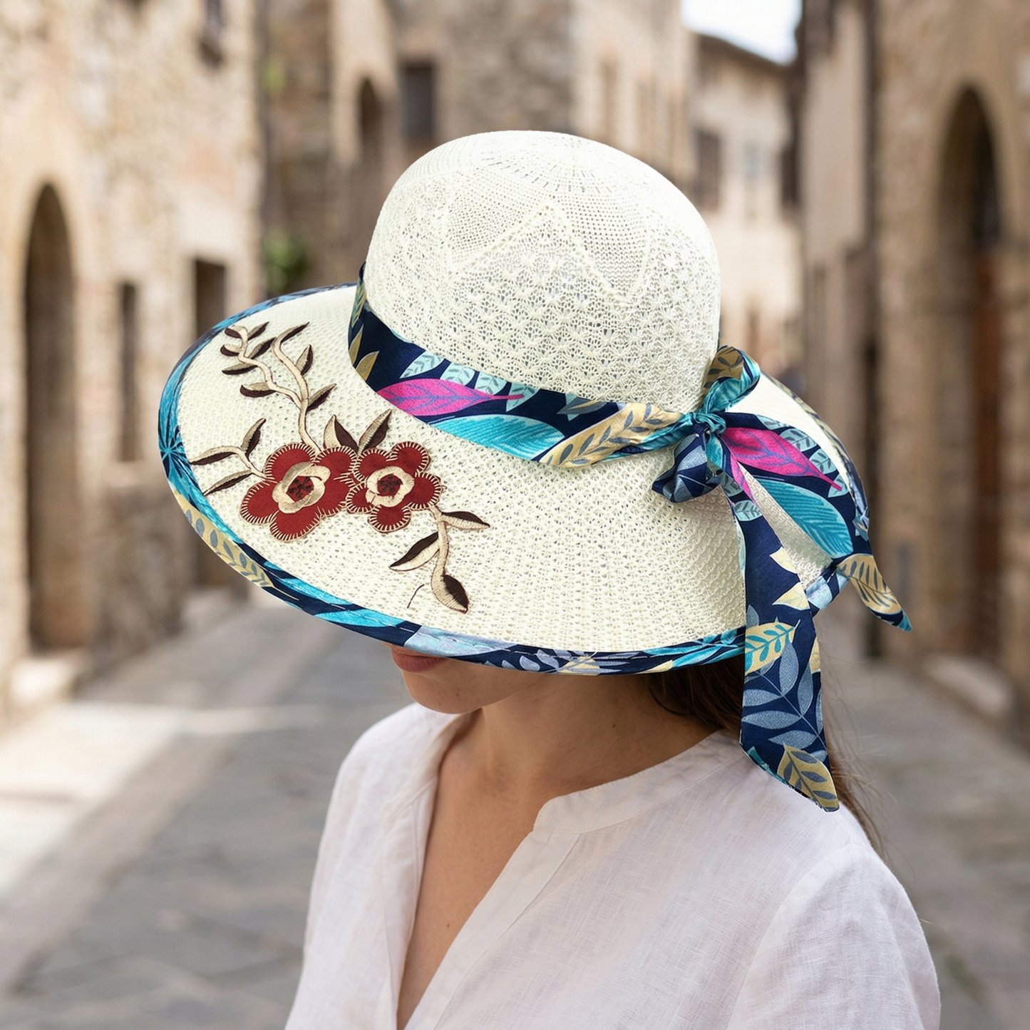 Straw Sun Hat Wide Brim Floral Bow Summer Women