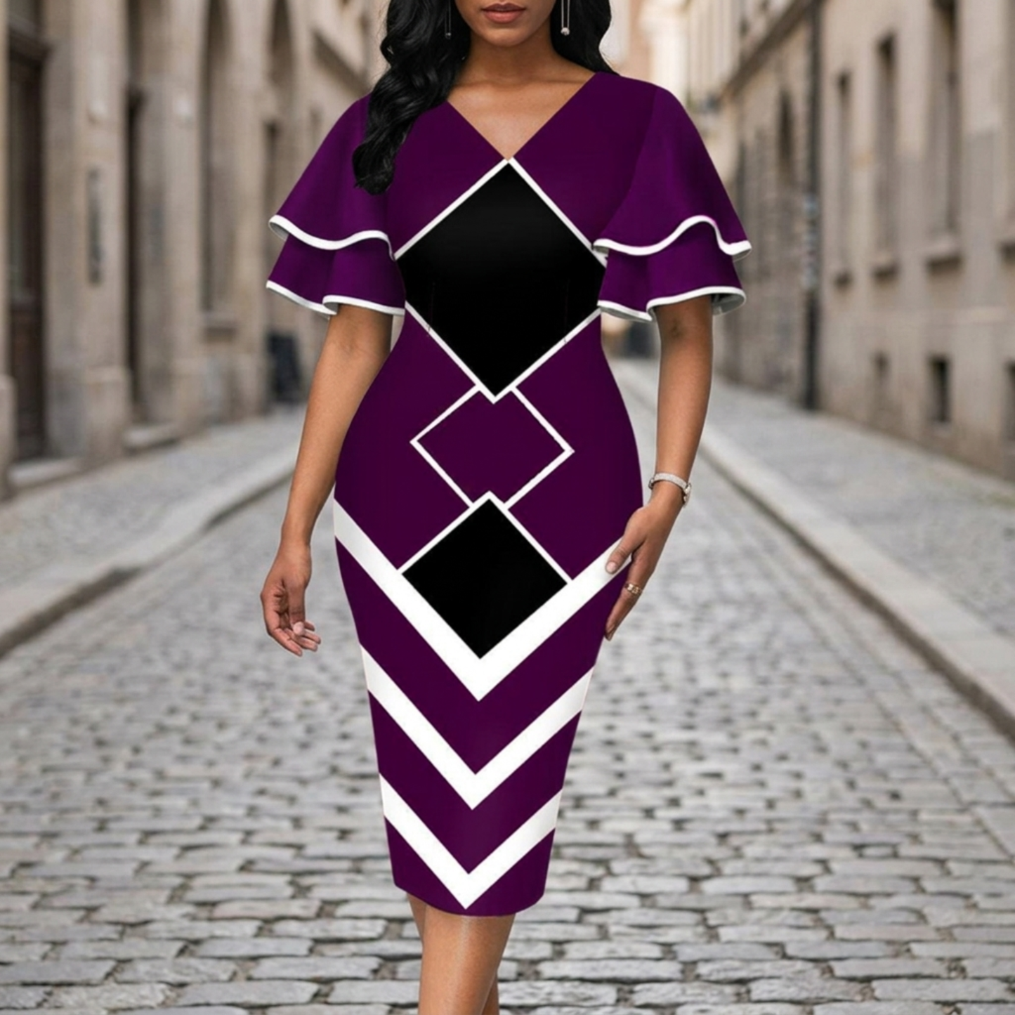 Midi Dress Women V Neck Ruffle Sleeve Geometric Print