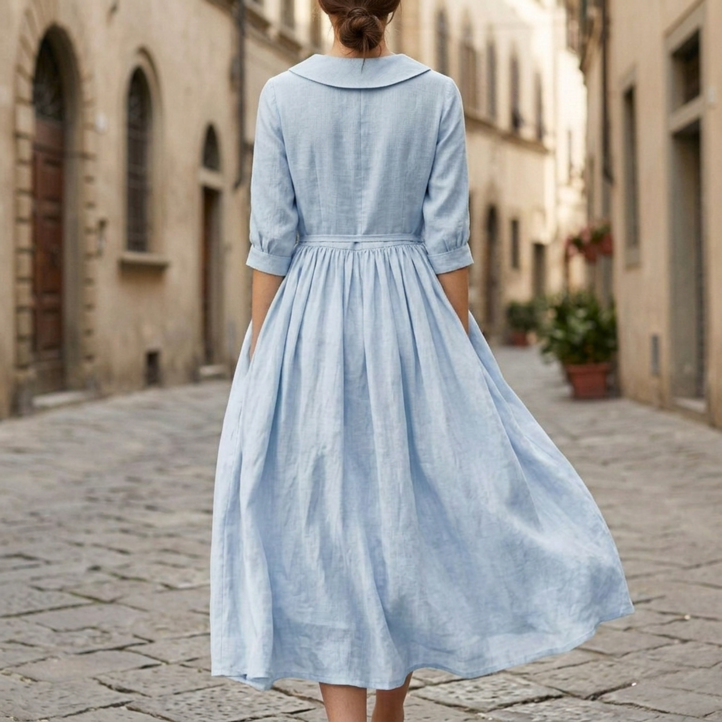 Midi Dress Button Front Tie Waist Short Sleeve Women