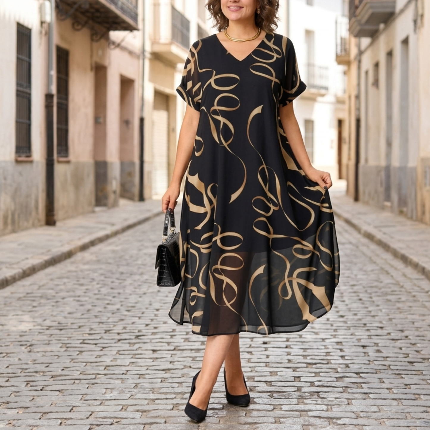 Women’s Plus Size Chiffon Midi Dress V Neck Short Sleeve A Line Party Dress