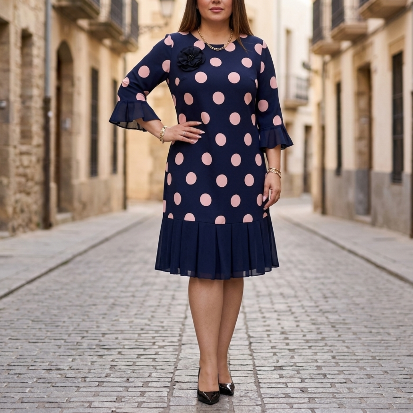 Women’s Polka Dot Midi Dress 3/4 Sleeve Ruffle Hem Party Dress