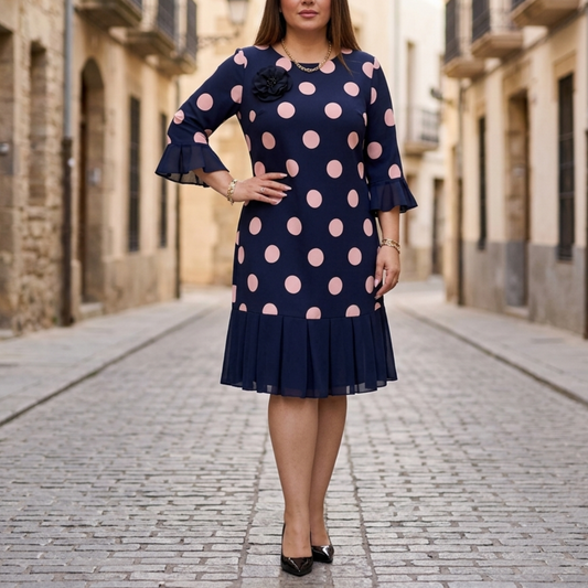 Women’s Polka Dot Midi Dress 3/4 Sleeve Ruffle Hem Party Dress
