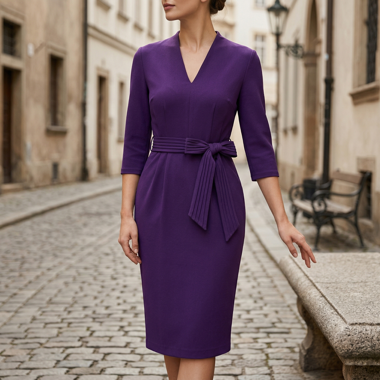 Midi Dress Women V Neck Belted 3 4 Sleeve Formal Dress