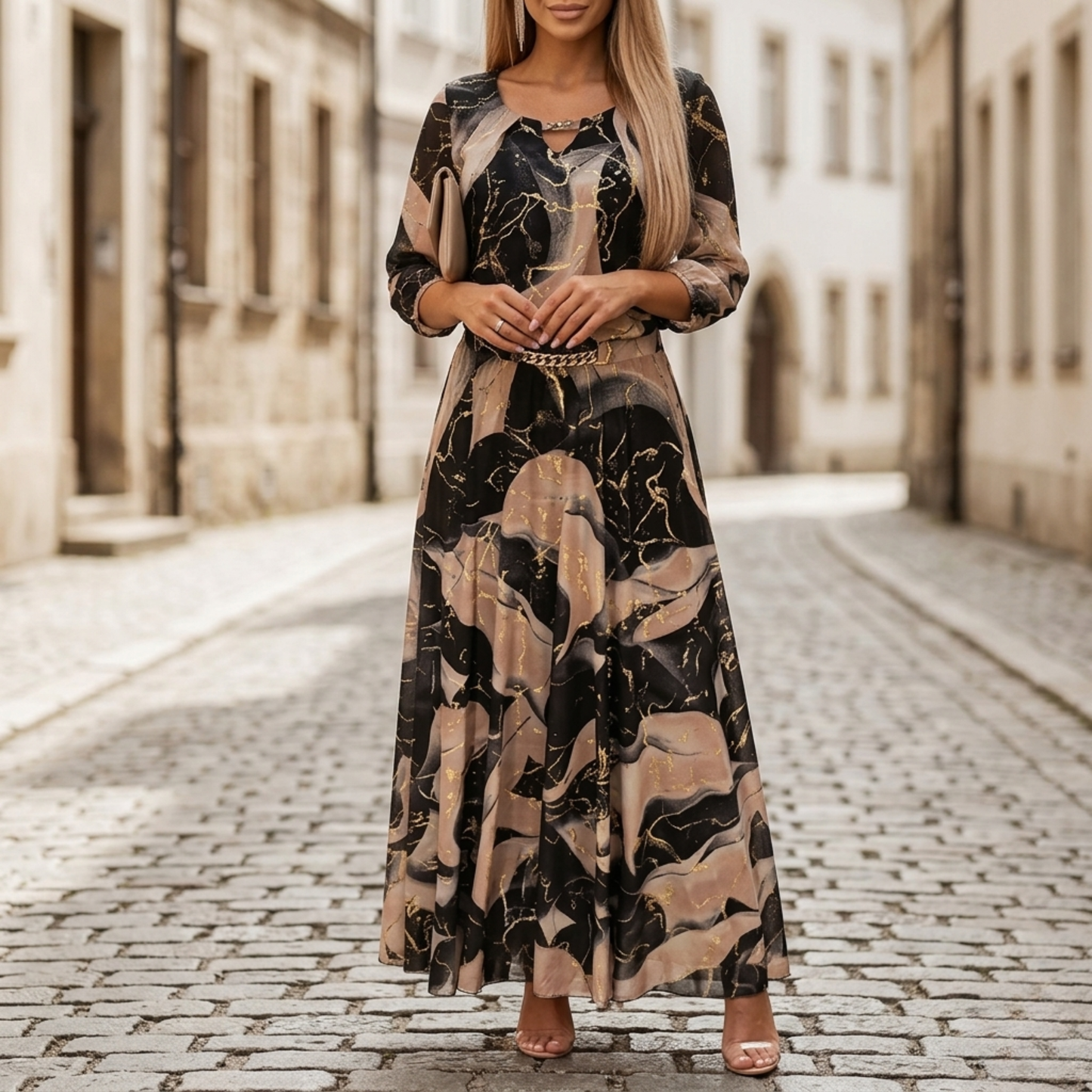 Women’s Printed Maxi Dress Long Sleeve V Neck Casual Dress