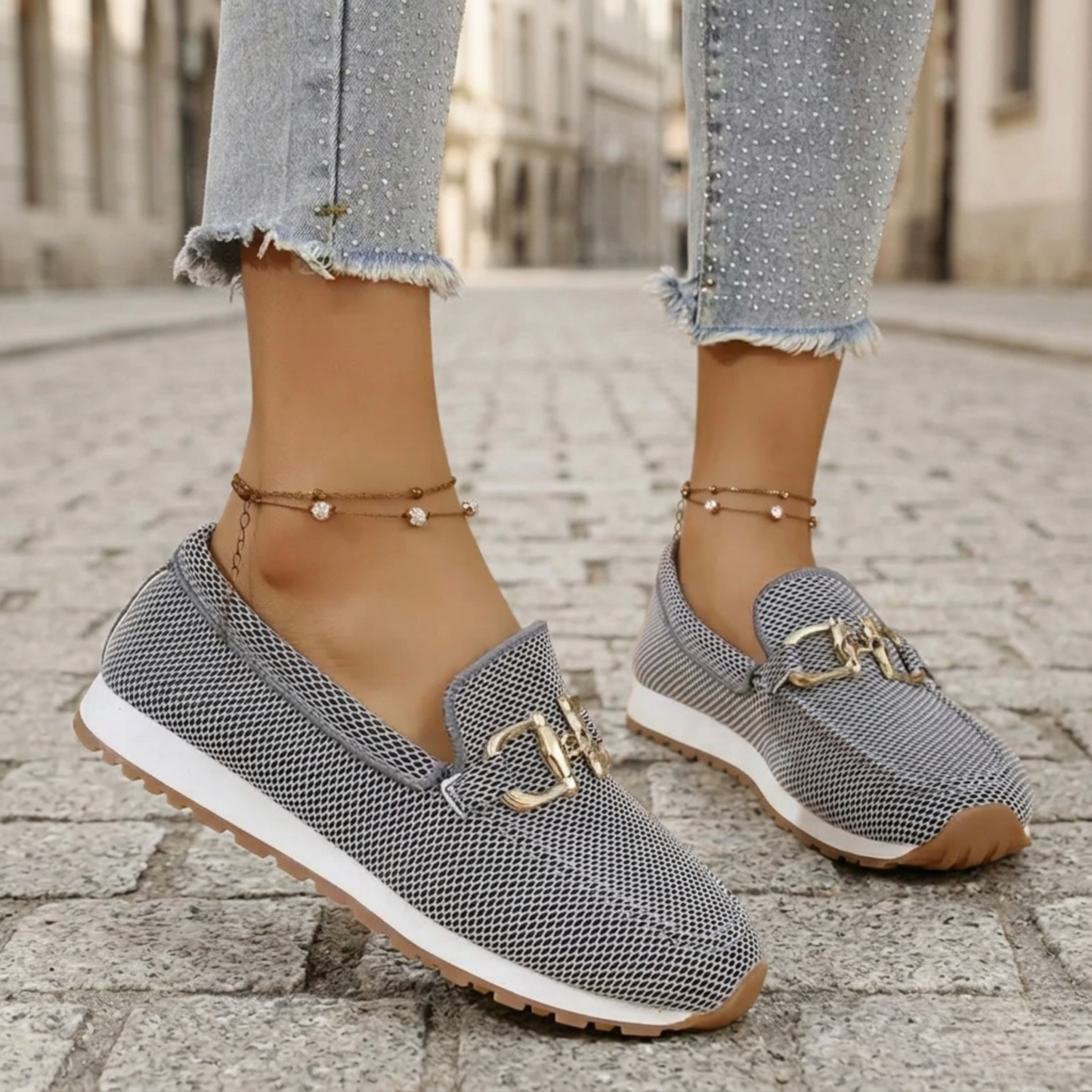 Women’s Slip On Loafers with Gold Buckle Casual Flats