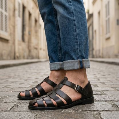 Men Leather Sandals Closed Toe Summer Shoes Buckle Strap