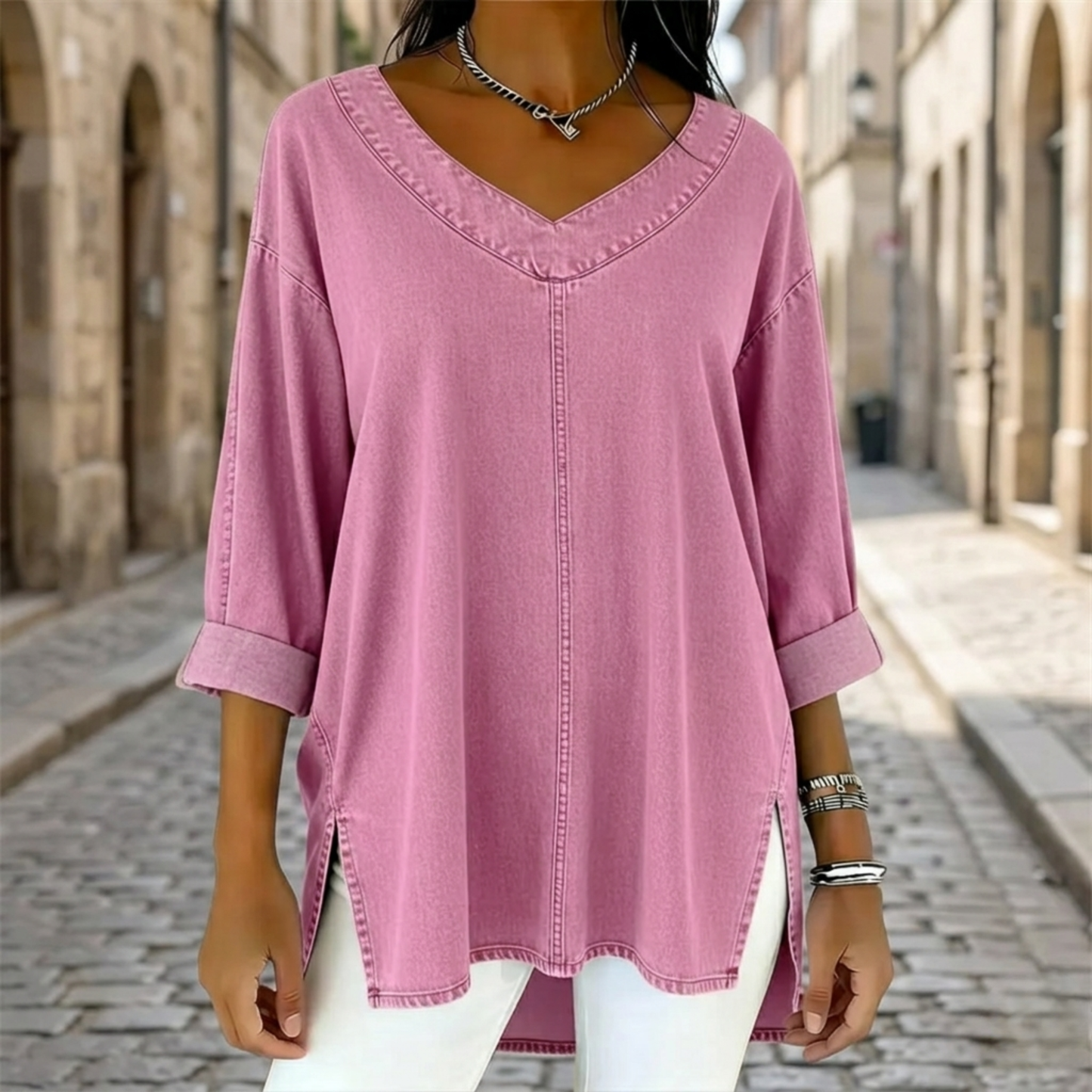 Women’s Oversized V Neck Tunic Top 3/4 Sleeve Casual Blouse