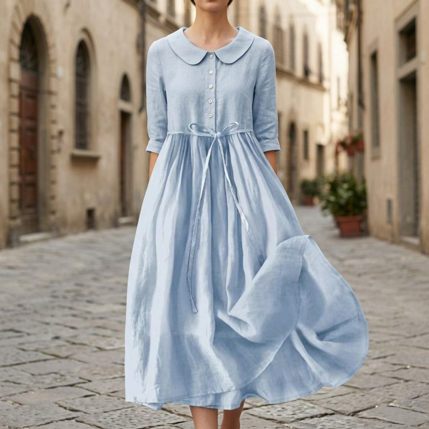 Midi Dress Button Front Tie Waist Short Sleeve Women