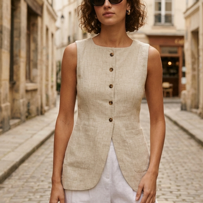 Sleeveless Linen Top Women Button Front Summer Blouse