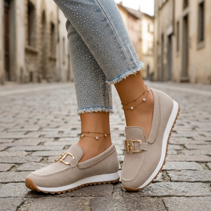 Women’s Slip On Loafers with Gold Buckle Casual Flats