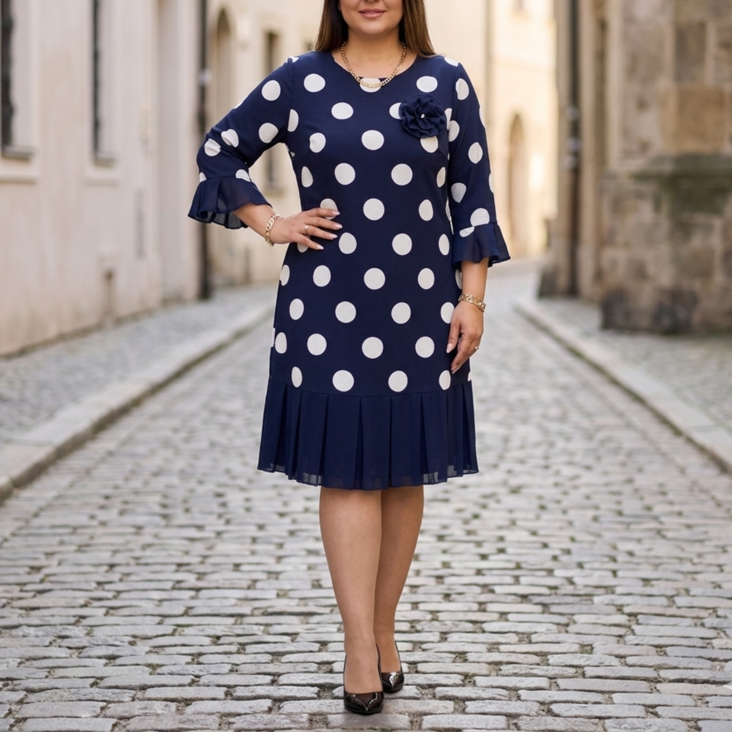 Women’s Polka Dot Midi Dress 3/4 Sleeve Ruffle Hem Party Dress