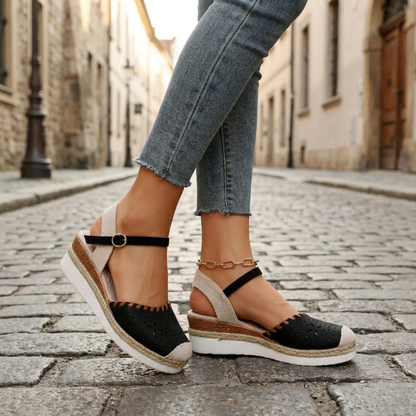 Women’s Espadrille Wedge Sandals Perforated Ankle Strap