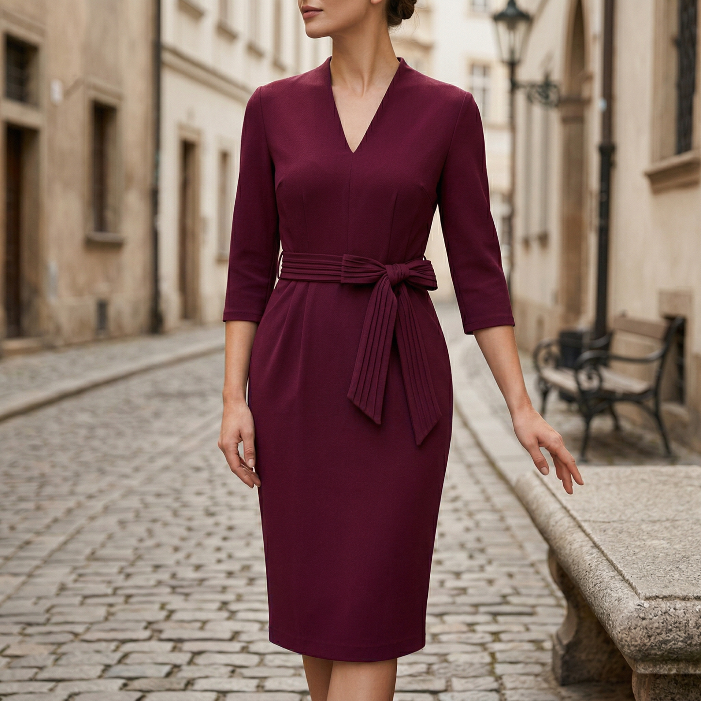 Midi Dress Women V Neck Belted 3 4 Sleeve Formal Dress