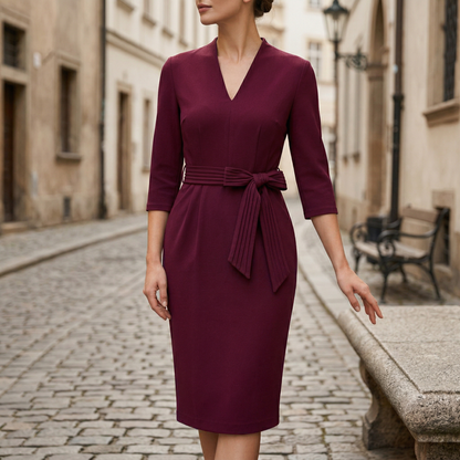 Midi Dress Women V Neck Belted 3 4 Sleeve Formal Dress