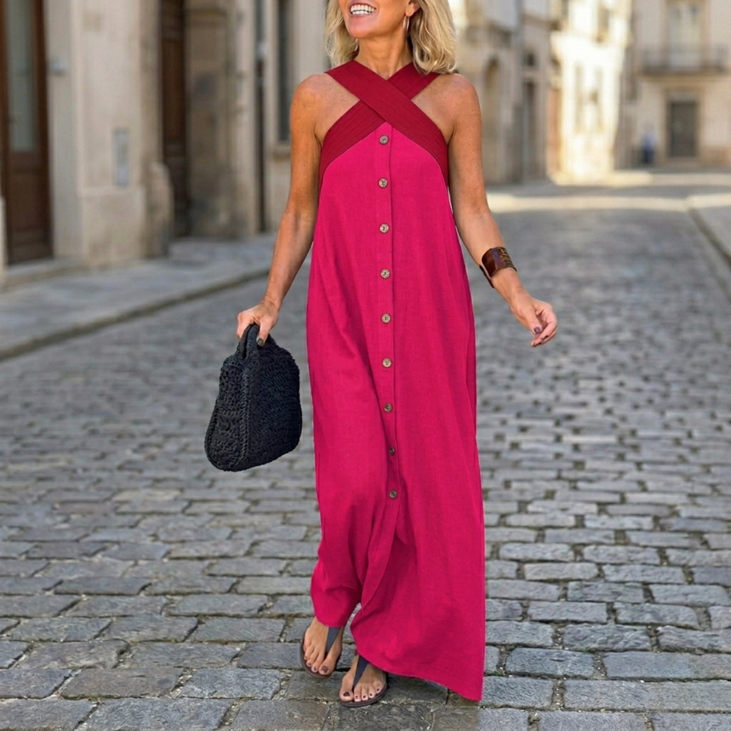 Women’s Cross Neck Maxi Dress Sleeveless Color Block Summer Dress