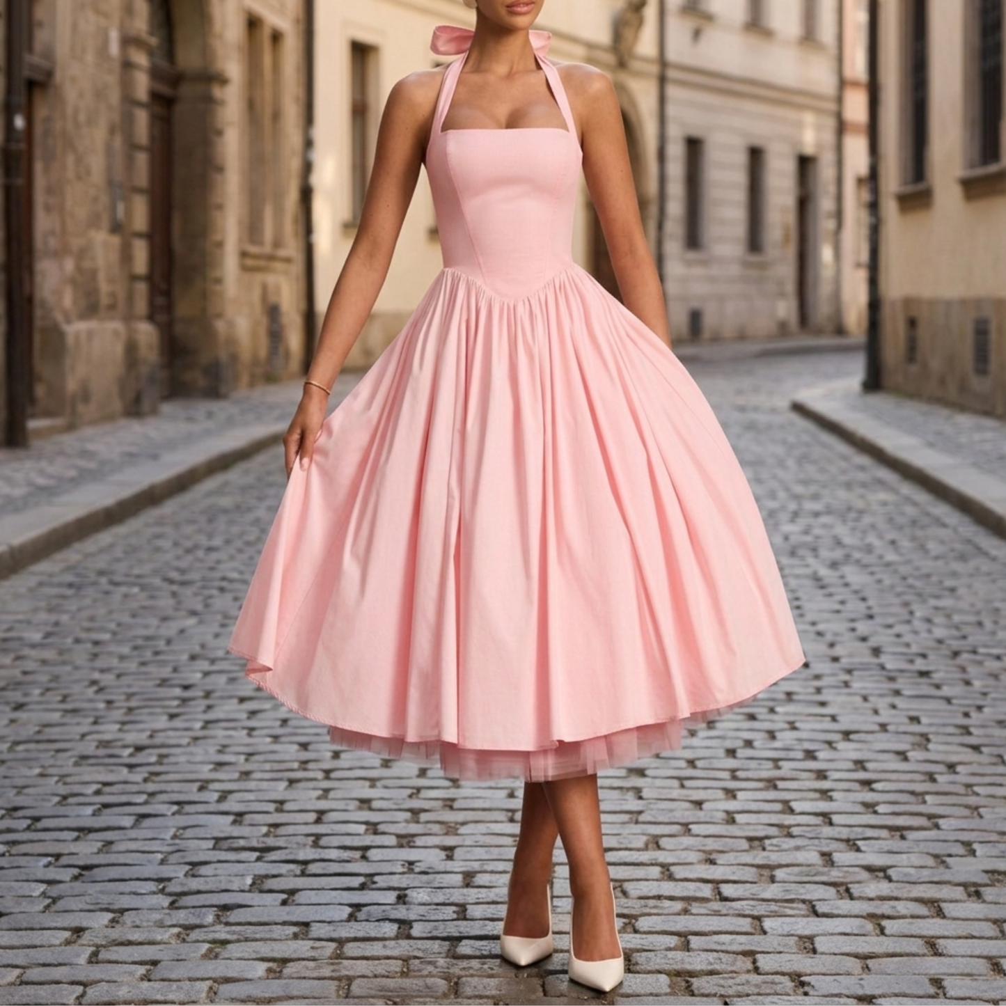Women’s Halter Midi Dress Vintage-Inspired Fit & Flare Party Dress