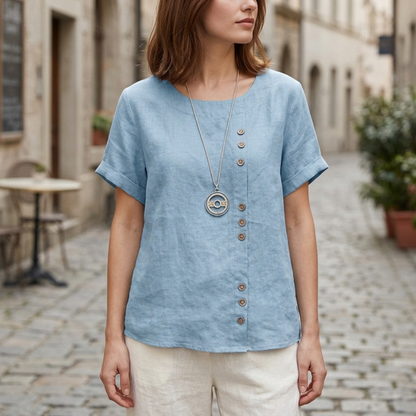 Blouse women short sleeve button front loose fit top