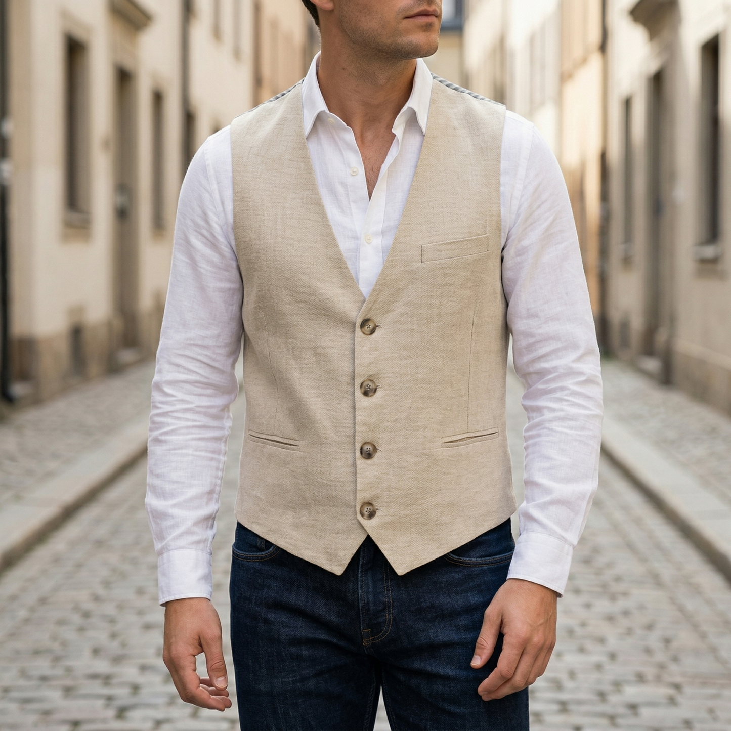 Men Sleeveless V Neck Button Front Waistcoat Vest