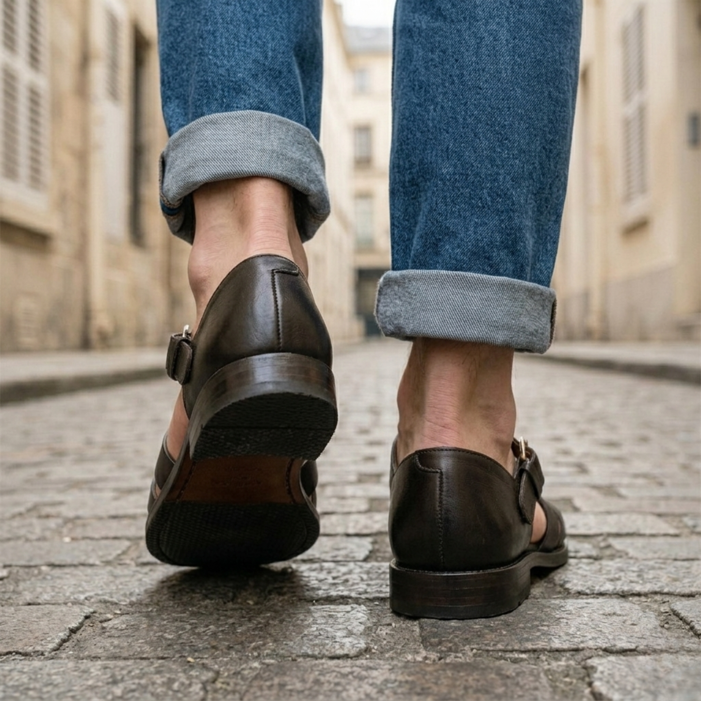 Men Leather Sandals Closed Toe Summer Shoes Buckle Strap