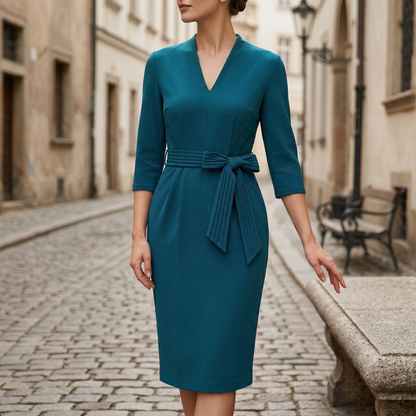 Midi Dress Women V Neck Belted 3 4 Sleeve Formal Dress