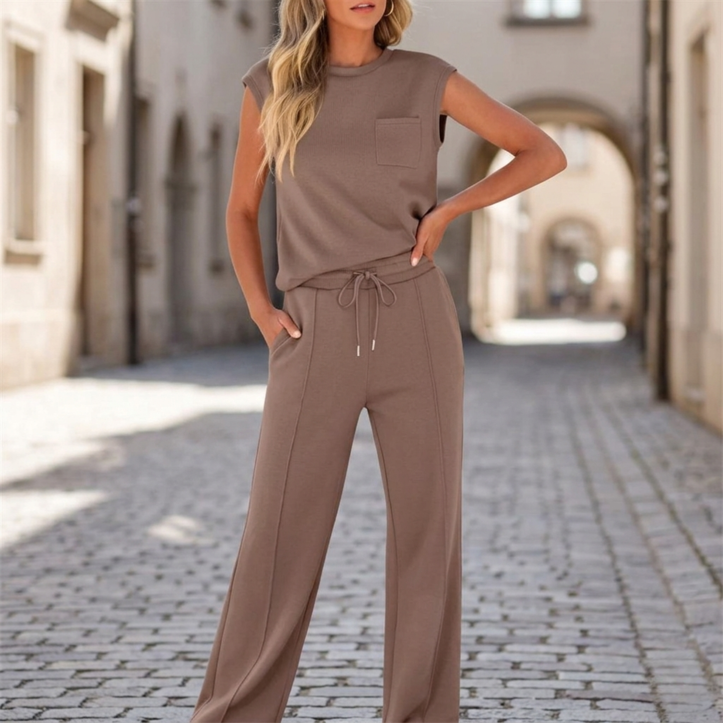 Women’s Two Piece Lounge Set Sleeveless Top and Wide Leg Pants