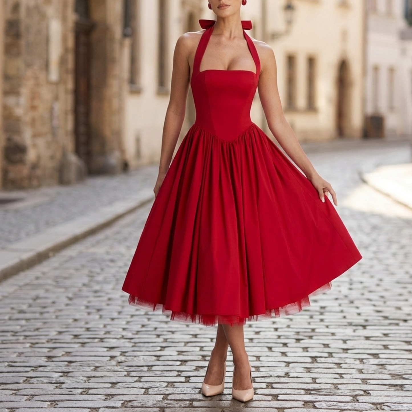 Women’s Halter Midi Dress Vintage-Inspired Fit & Flare Party Dress