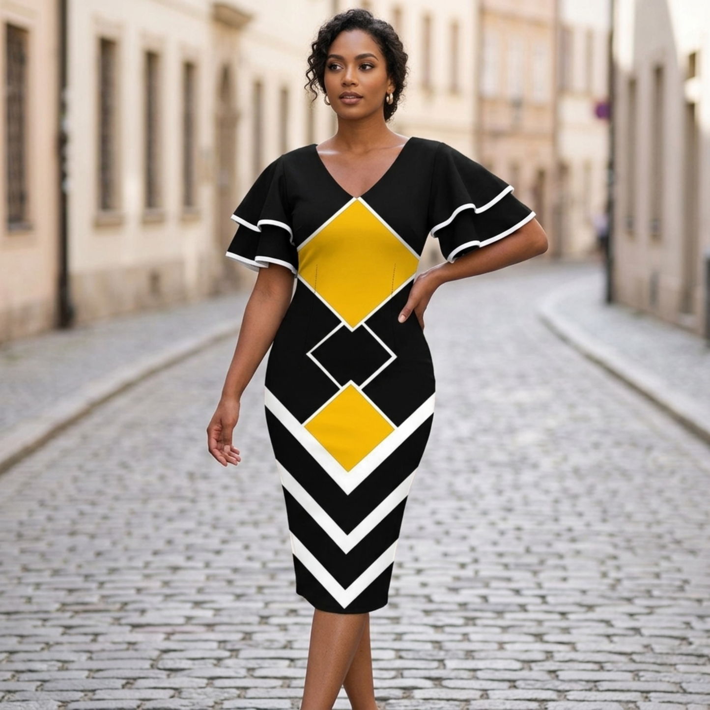 Midi Dress Women V Neck Ruffle Sleeve Geometric Print