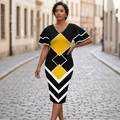 Midi Dress Women V Neck Ruffle Sleeve Geometric Print