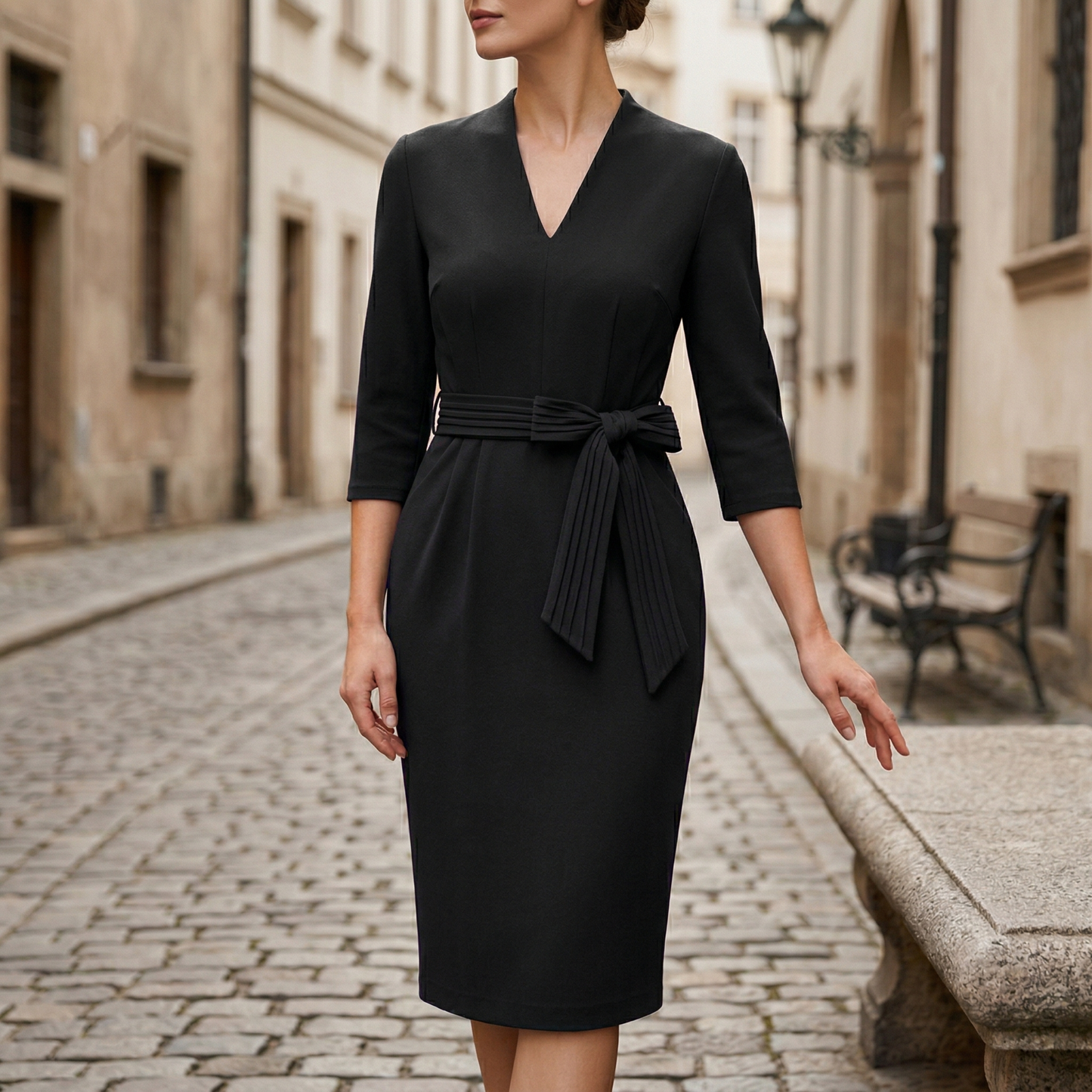 Midi Dress Women V Neck Belted 3 4 Sleeve Formal Dress