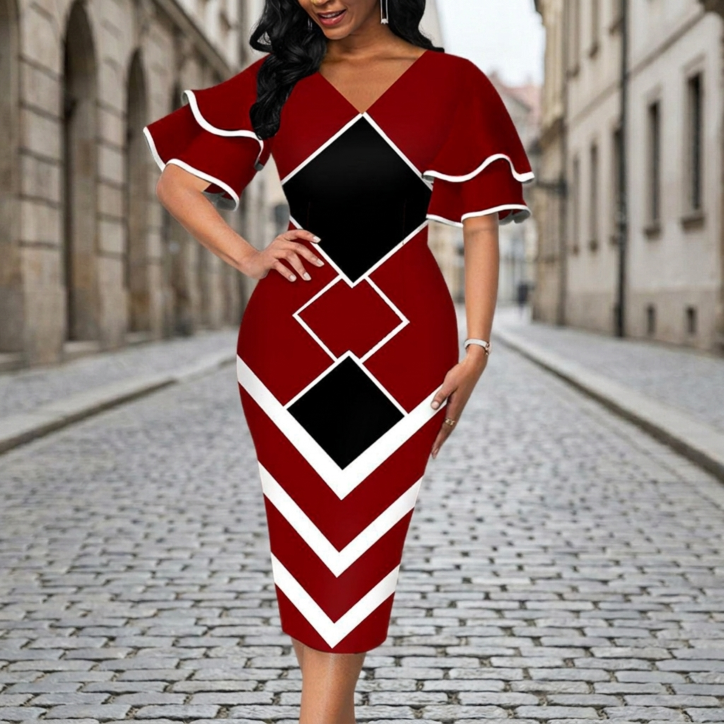 Midi Dress Women V Neck Ruffle Sleeve Geometric Print